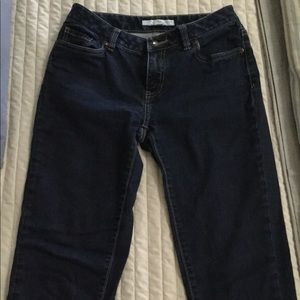 Straight leg, dark wash long jeans.